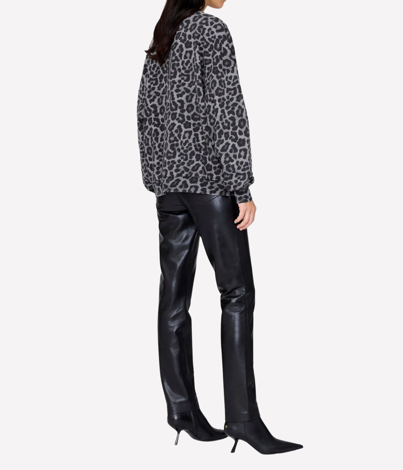 Person wearing a leopard print top and black leather pants on a white background