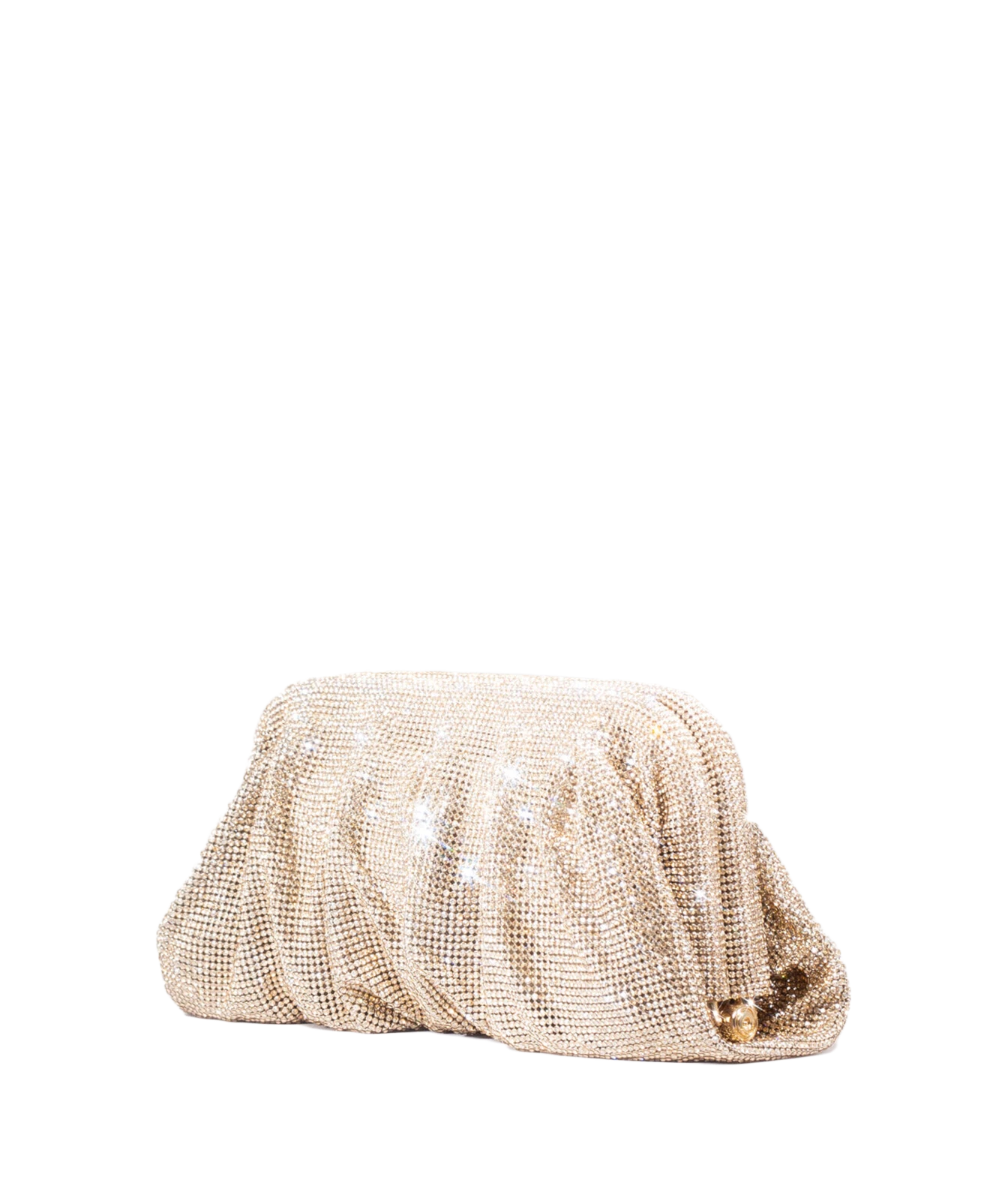 A shimmering champagne gold rhinestone clutch bag with a small gold clasp, set against a plain white background.