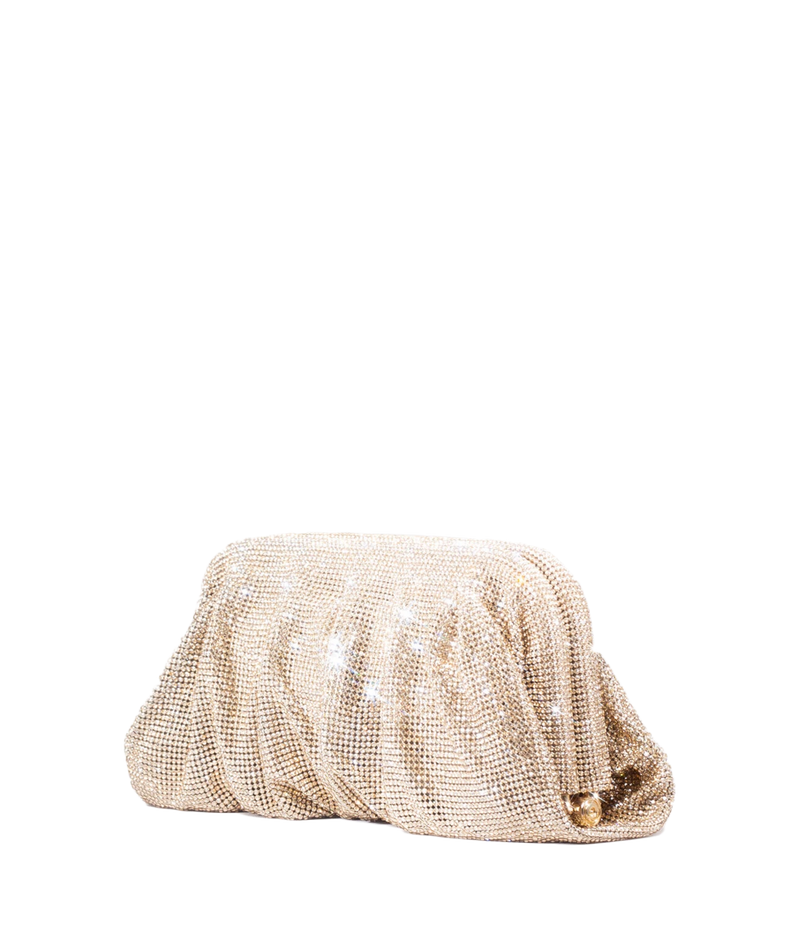 A shimmering champagne gold rhinestone clutch bag with a small gold clasp, set against a plain white background.