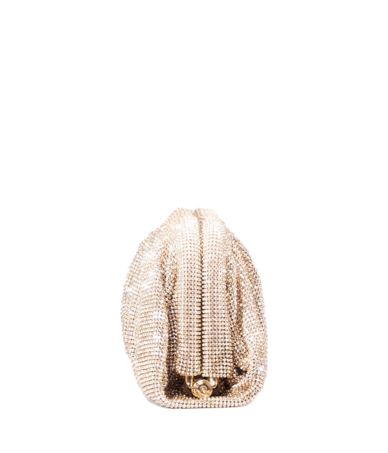 A gold rhinestone-embellished clutch purse with a gold-tone metal clasp, shown from the back on a solid white background.