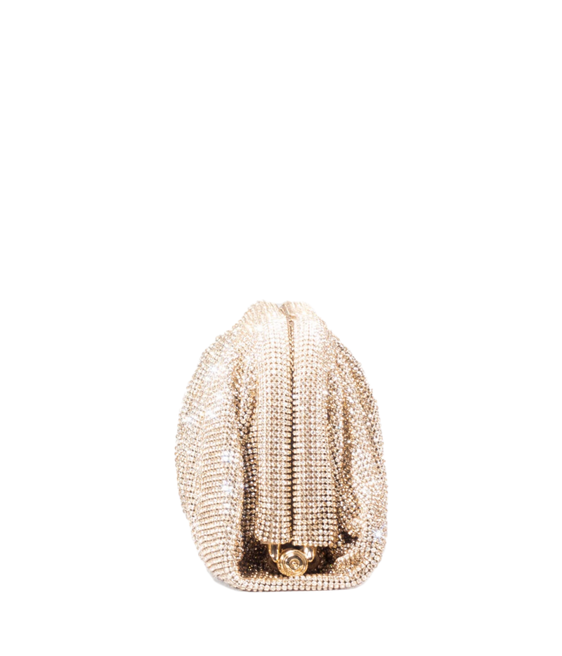 A gold rhinestone-embellished clutch purse with a gold-tone metal clasp, shown from the back on a solid white background.