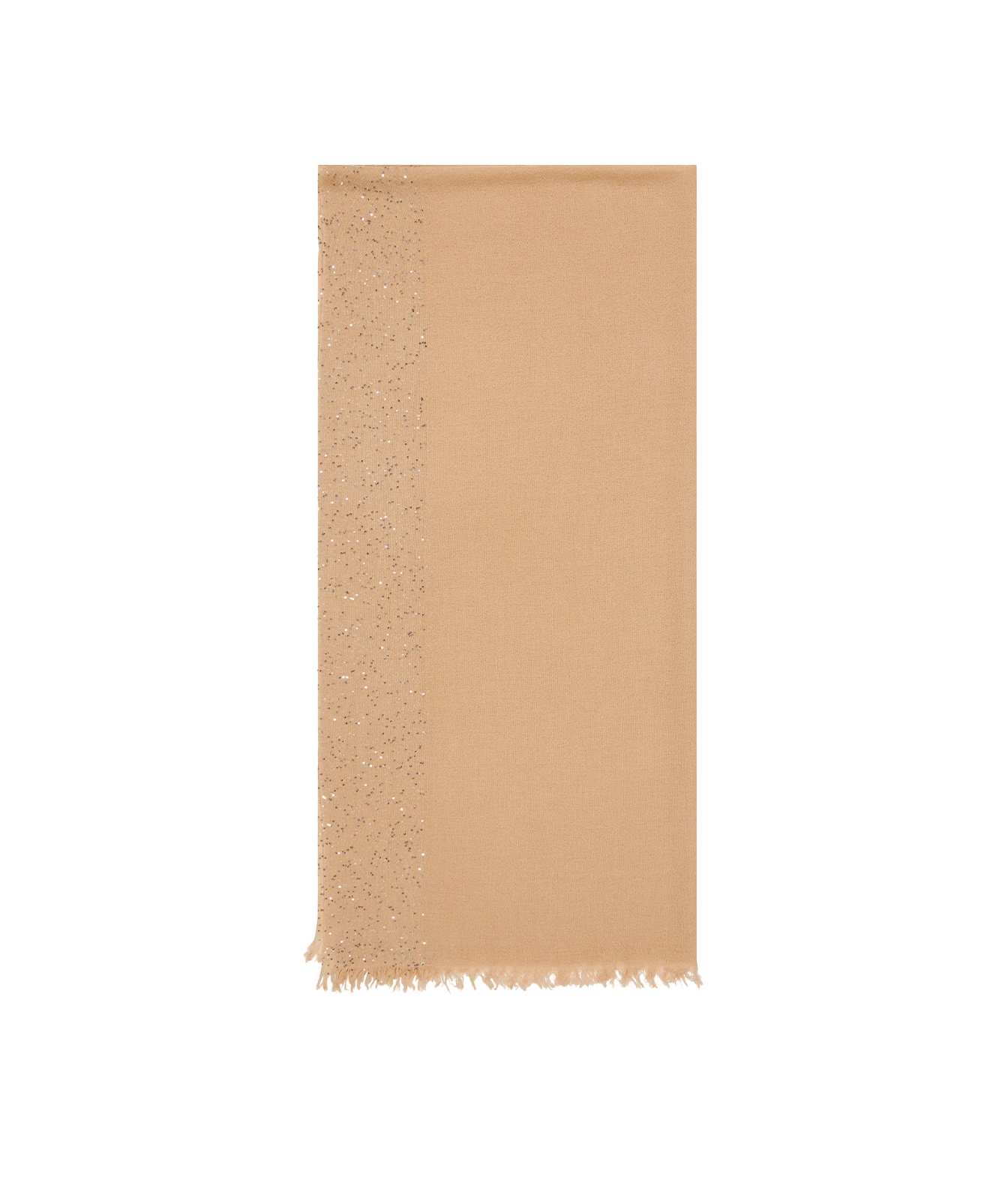 A rectangular beige scarf with a fringed bottom edge and a vertical band of shimmering sequins on the left side