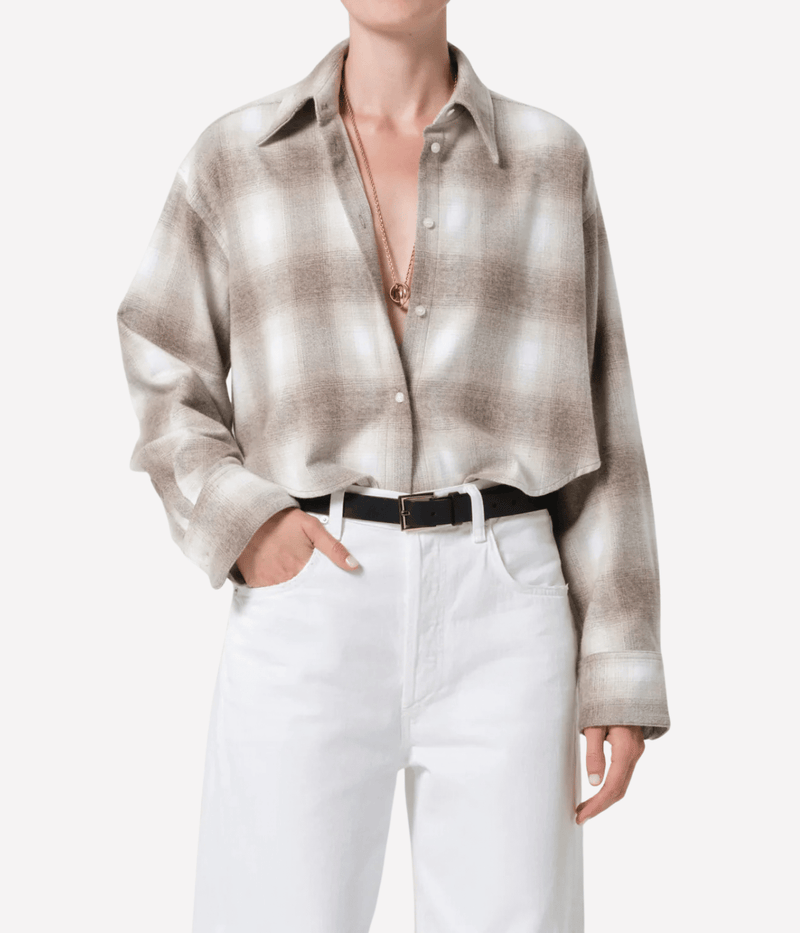 Citizens of Humanity Ana Cropped Shirt in Schiffer Plaid worn on model, upper body front view of cropped plaid shirt