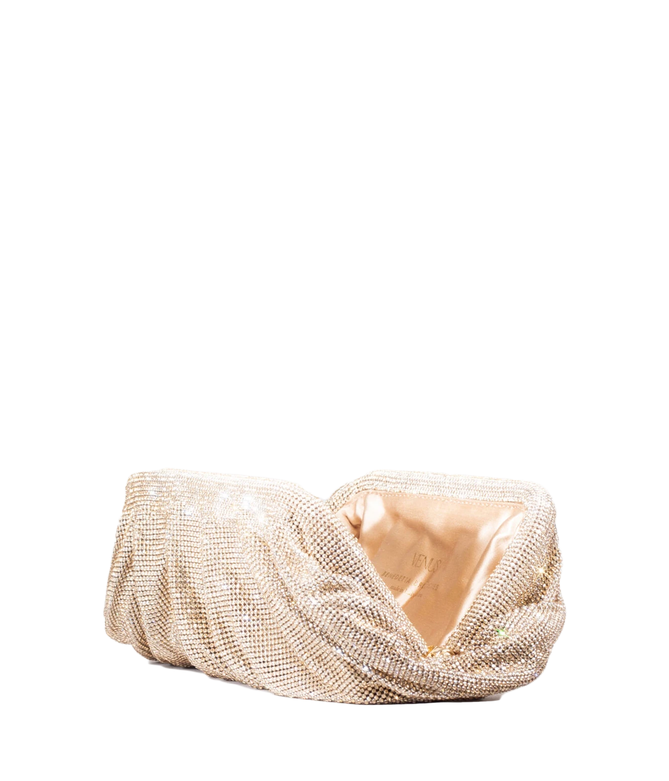 A gold rhinestone-embellished clutch purse with a satin lining, photographed on a solid white background.