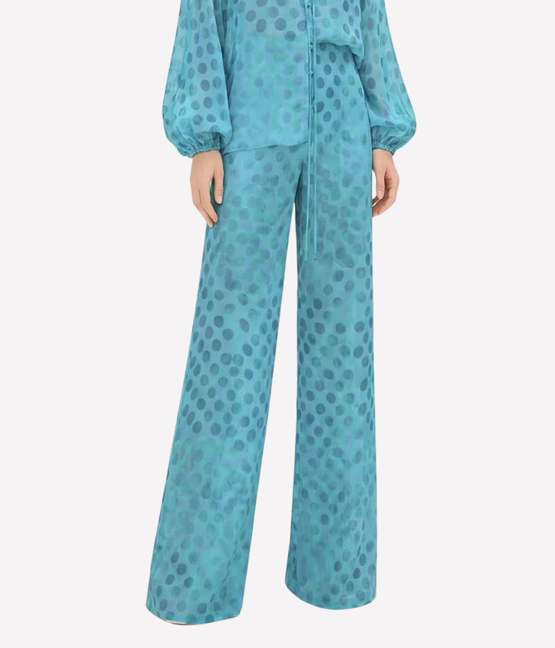 Teal polka dot outfit on a white background