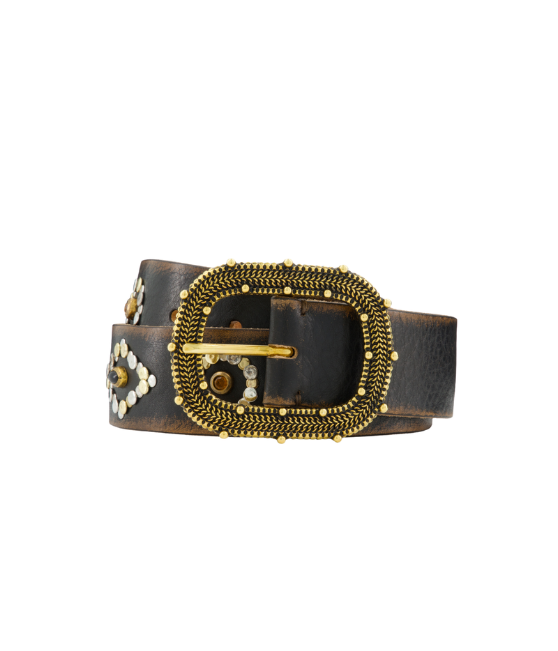 leather black belt with western style big buckle and stud detailing - zavi belt by calexico