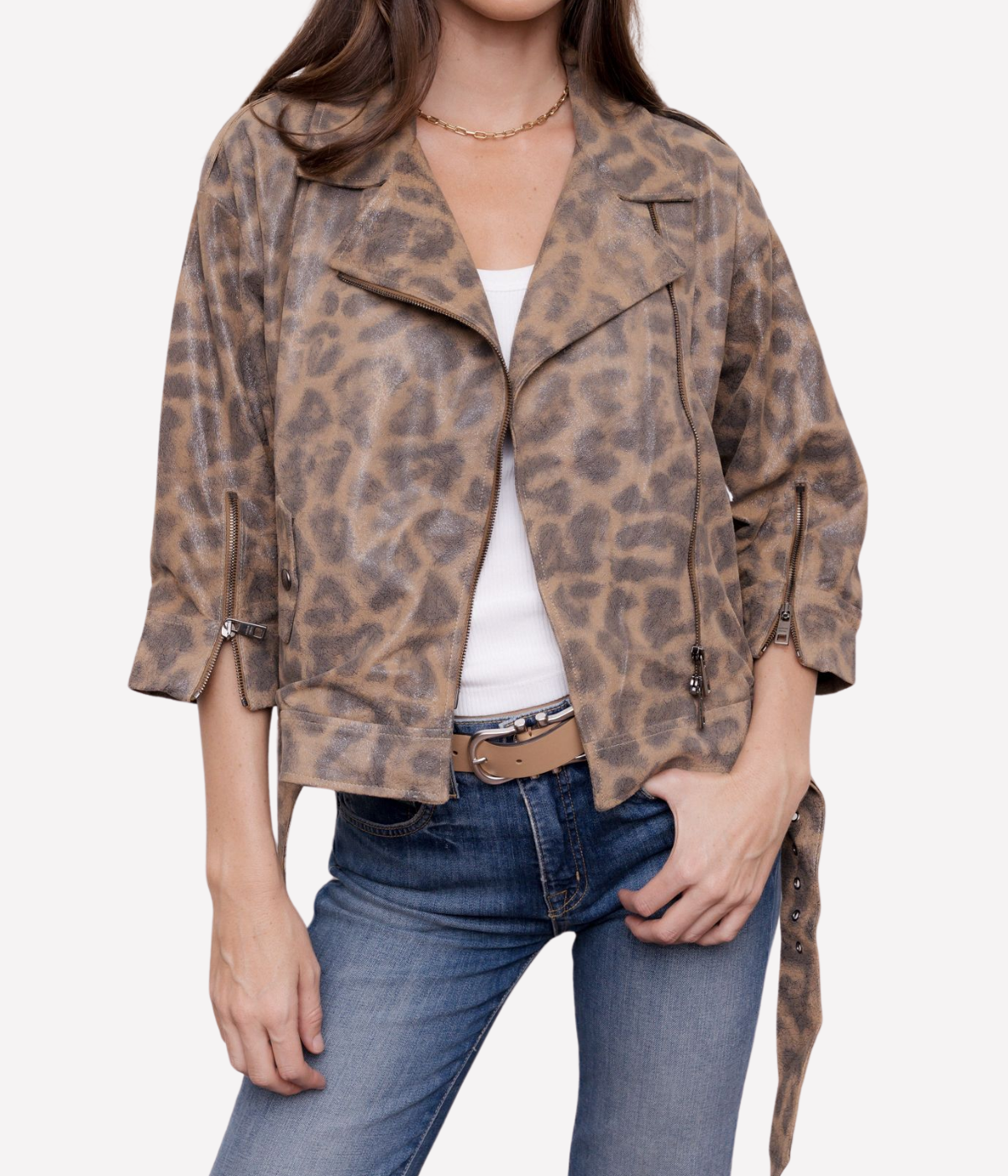 Giorgio Brato Womens Leather Jacket in LEOPARD, front view on model worn open over a white tee with blue jeans, showing the biker collar and belted hem