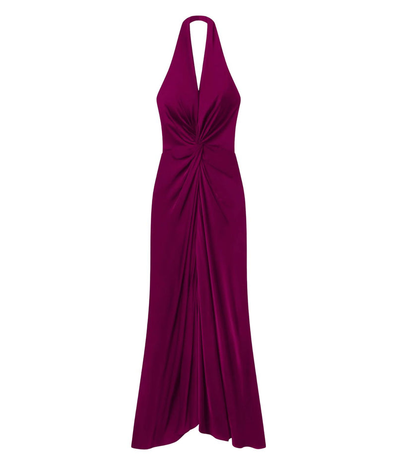 Front product view of A.L.C. Mabel Satin Gown in Jewel showing the halter neckline and twisted front