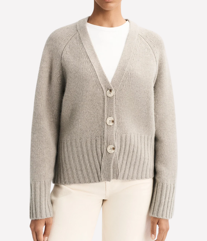 Soft Goat V-Neck Cardigan in Greige – Front View