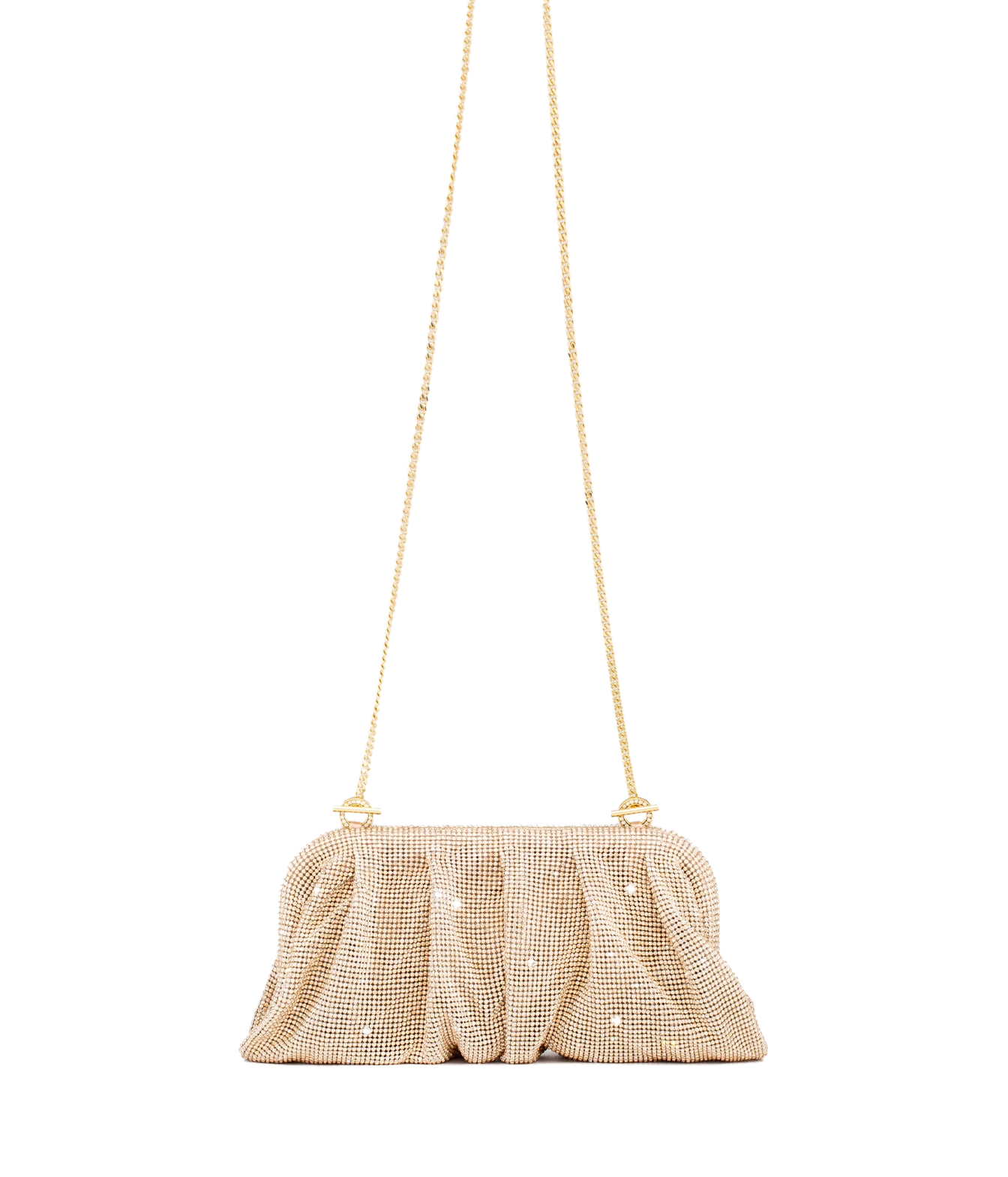 A gold-toned mesh clutch bag with a pleated, gathered texture and a thin gold chain strap, decorated with small white pearl-like accents, shown against a plain white background.
