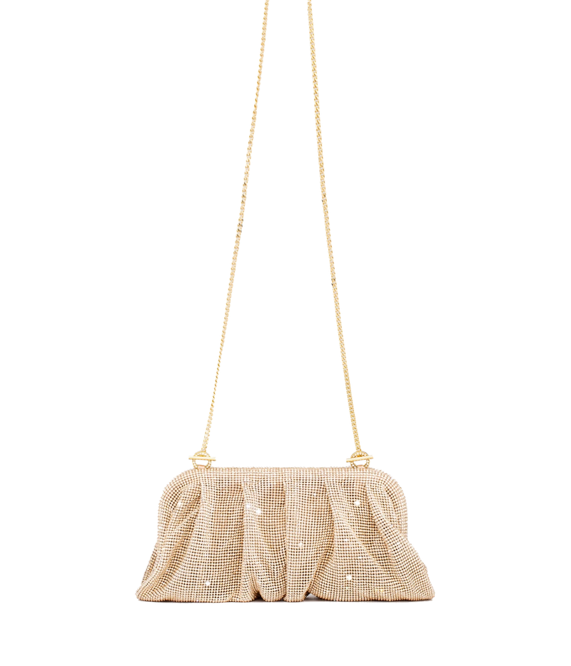 A gold-toned mesh clutch bag with a pleated, gathered texture and a thin gold chain strap, decorated with small white pearl-like accents, shown against a plain white background.