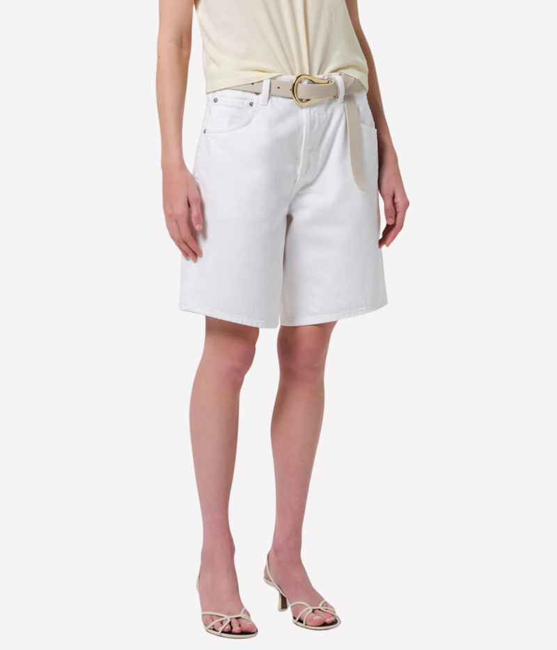 Angled front view of the Ayla Short in Serene highlighting the easy silhouette and classic denim design.
