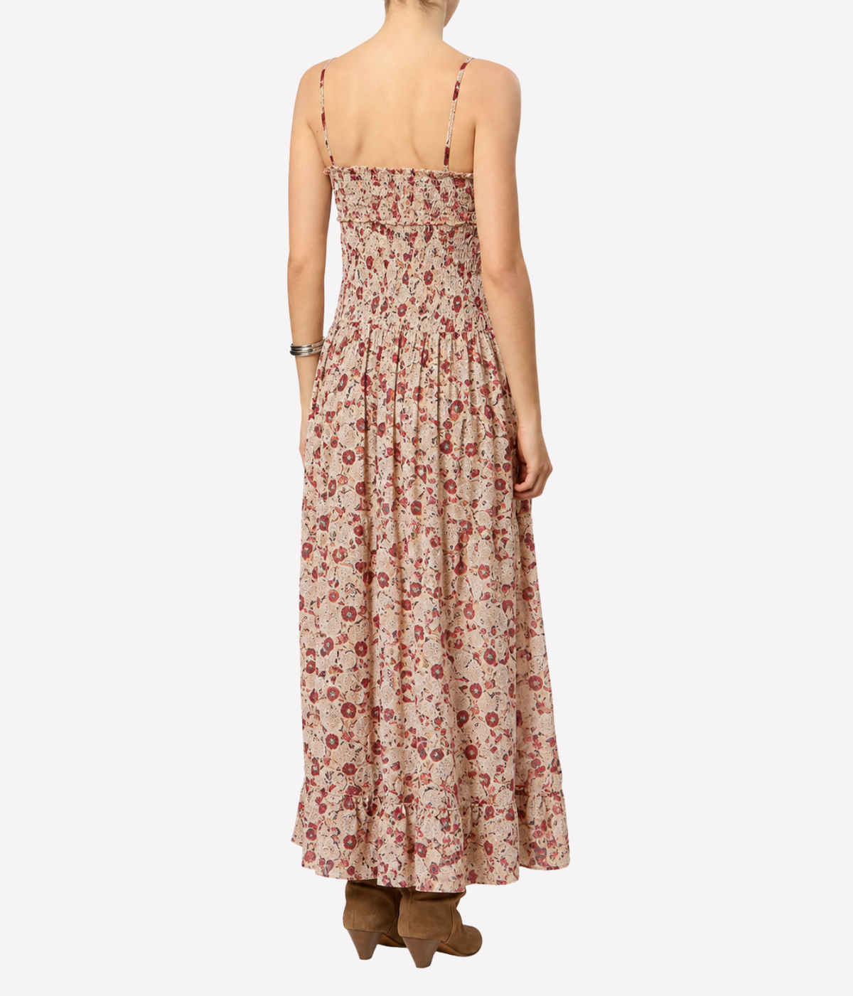 Isabel Marant Demy Dress in Ecru Raspberry, back model view styled with cognac suede boots, highlighting the thin straps and flowing skirt.