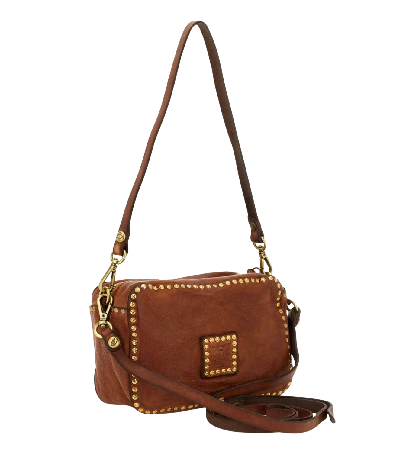 A brown leather crossbody handbag with gold-tone hardware, studded trim, and a long shoulder strap, shown on a plain white background.