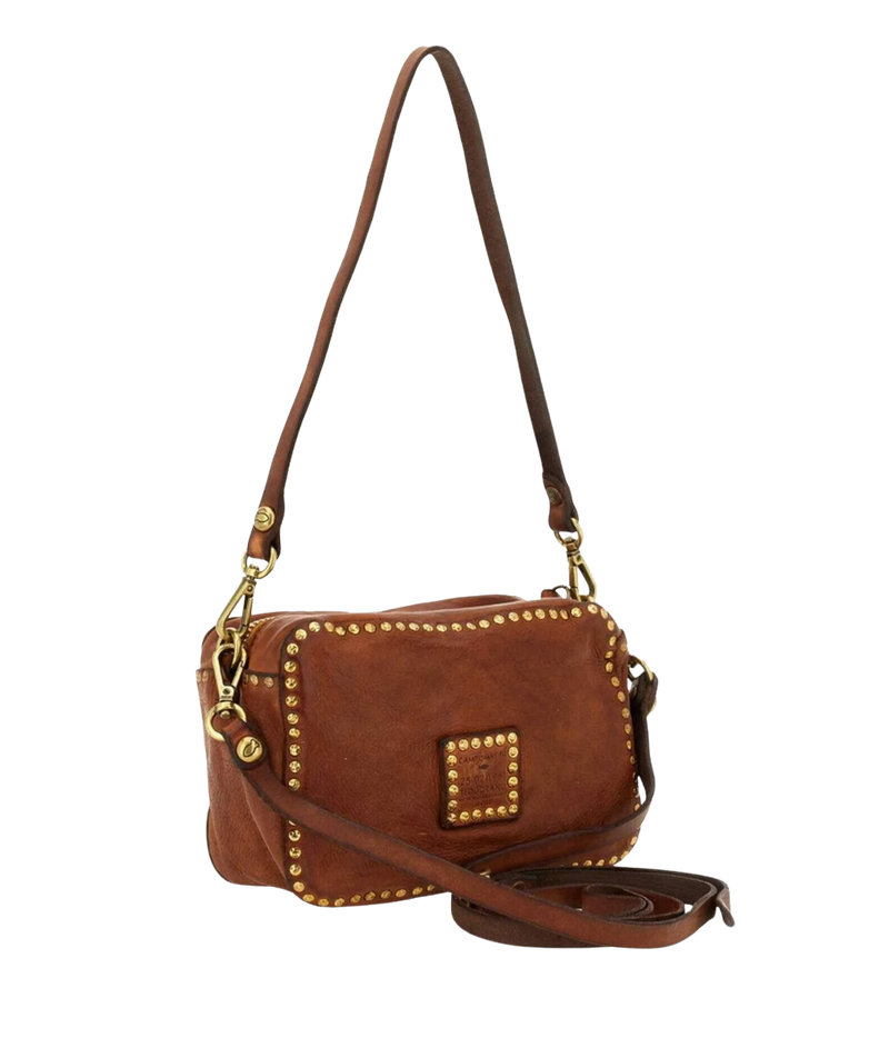 A brown leather crossbody handbag with gold-tone hardware, studded trim, and a long shoulder strap, shown on a plain white background.