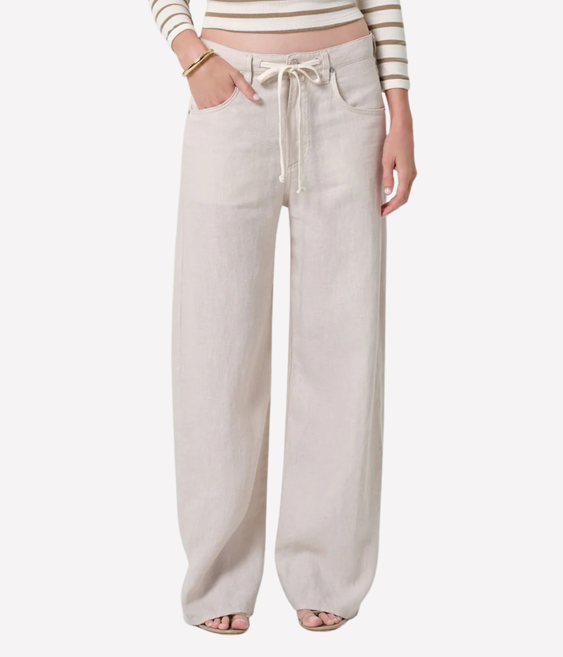 Brynn Drawstring Linen Trouser In Pale Stone