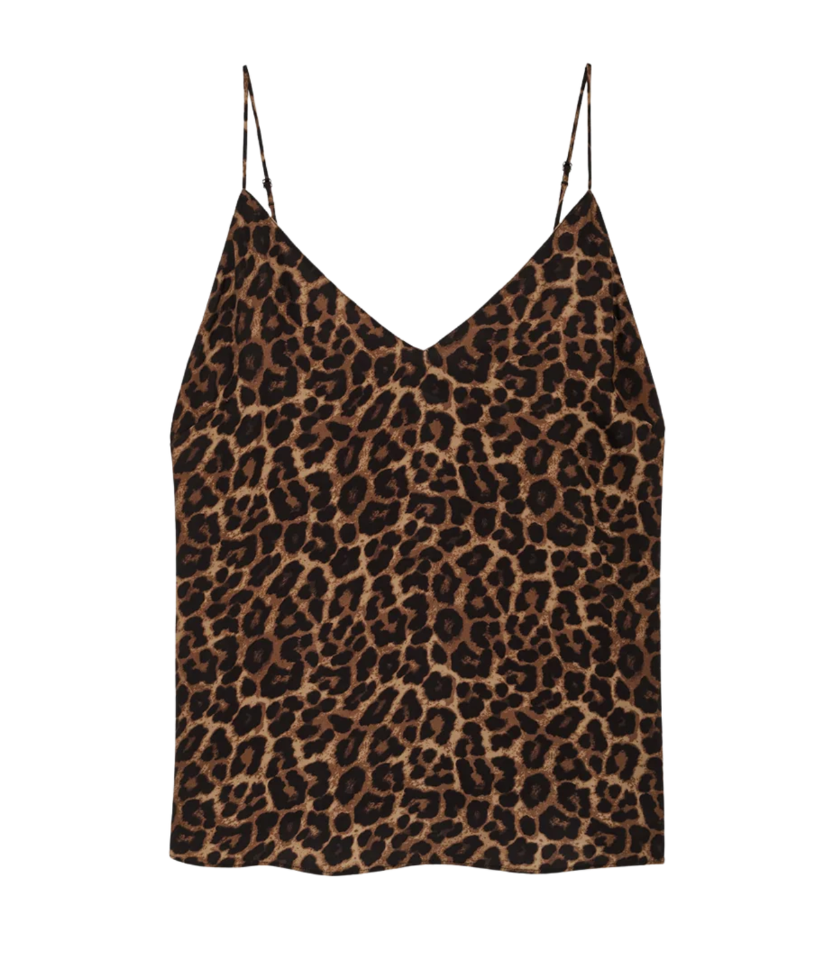 A leopard print camisole top with thin spaghetti straps, displayed flat against a solid white background.