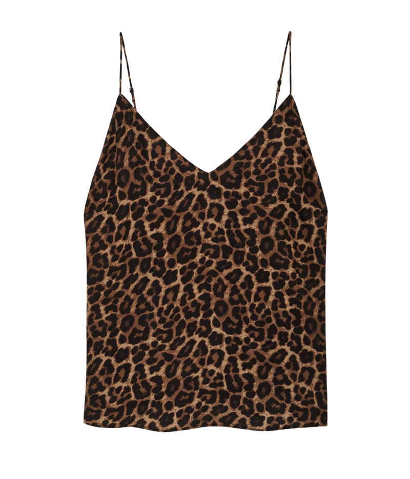 A leopard print camisole top with thin spaghetti straps, displayed flat against a solid white background.