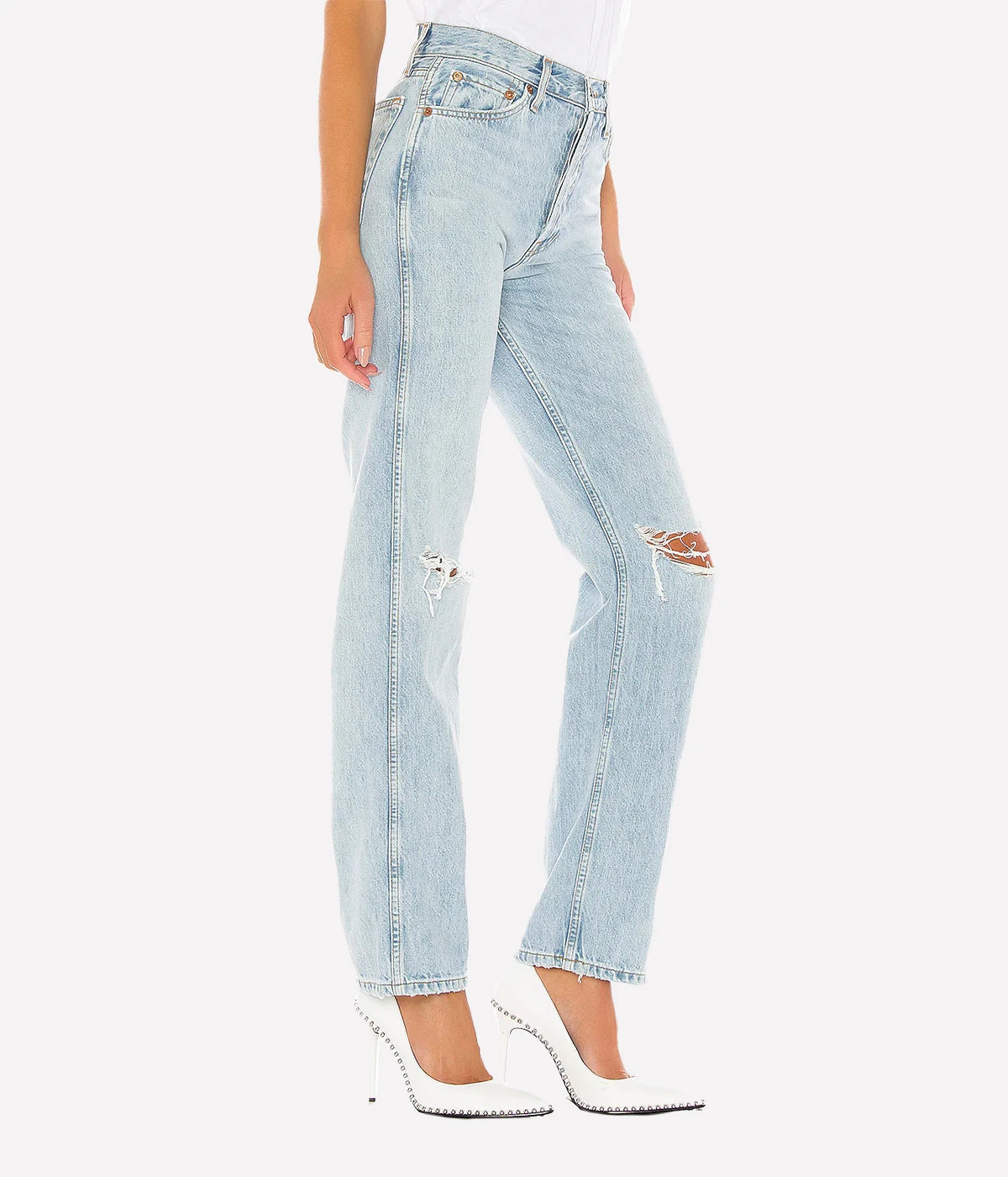 90s High Rise Loose Jean in Bleach Destroy