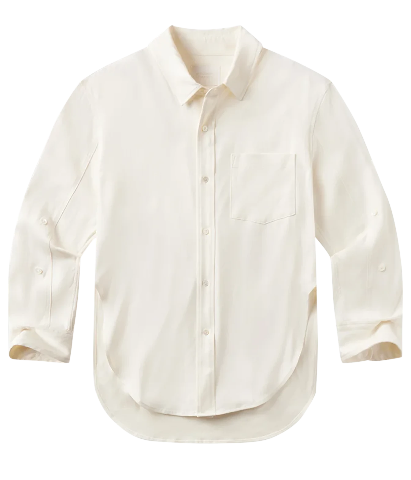 An off-white long-sleeve button-down shirt with a chest pocket, photographed flat against a solid white background.