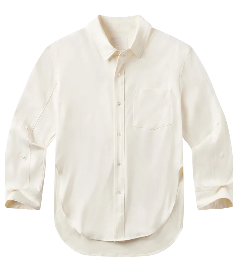 An off-white long-sleeve button-down shirt with a chest pocket, photographed flat against a solid white background.