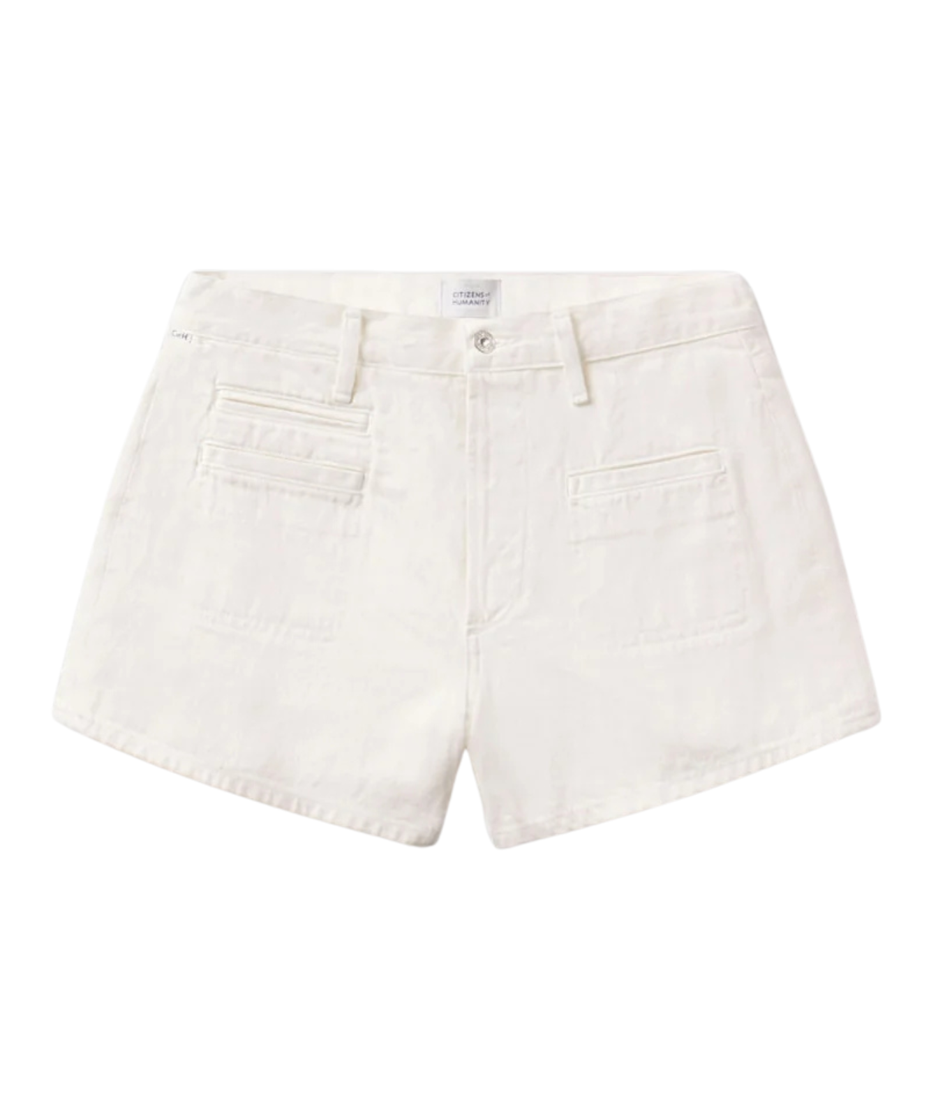 Off-white denim shorts with a button closure, belt loops, and two front patch pockets, shown flat on a white background.