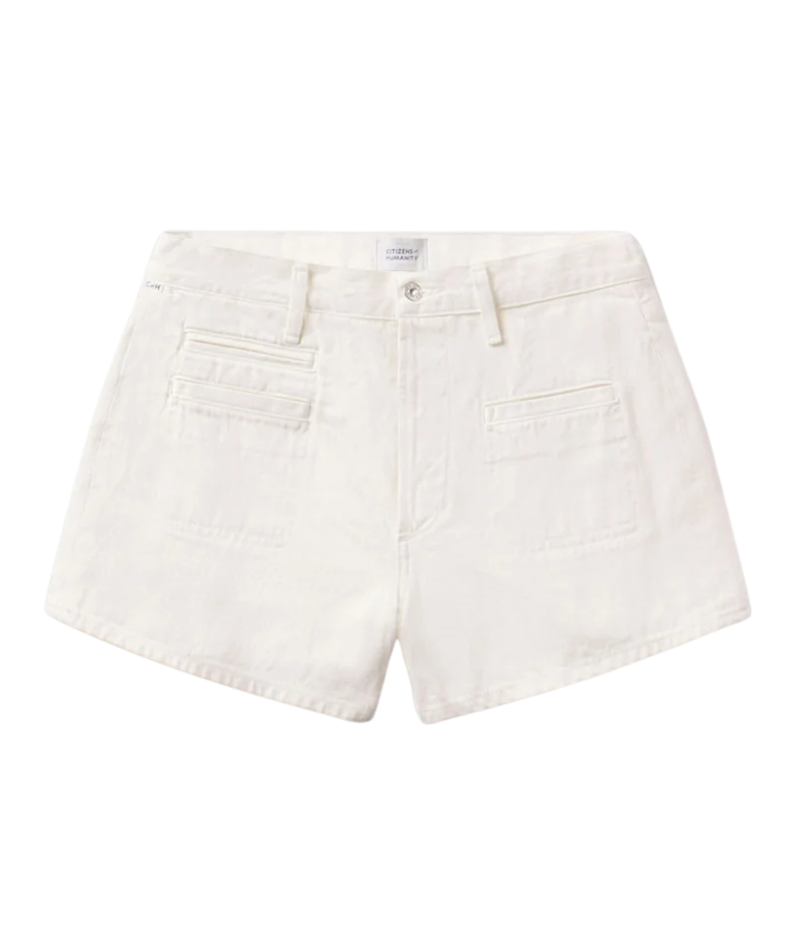 Off-white denim shorts with a button closure, belt loops, and two front patch pockets, shown flat on a white background.