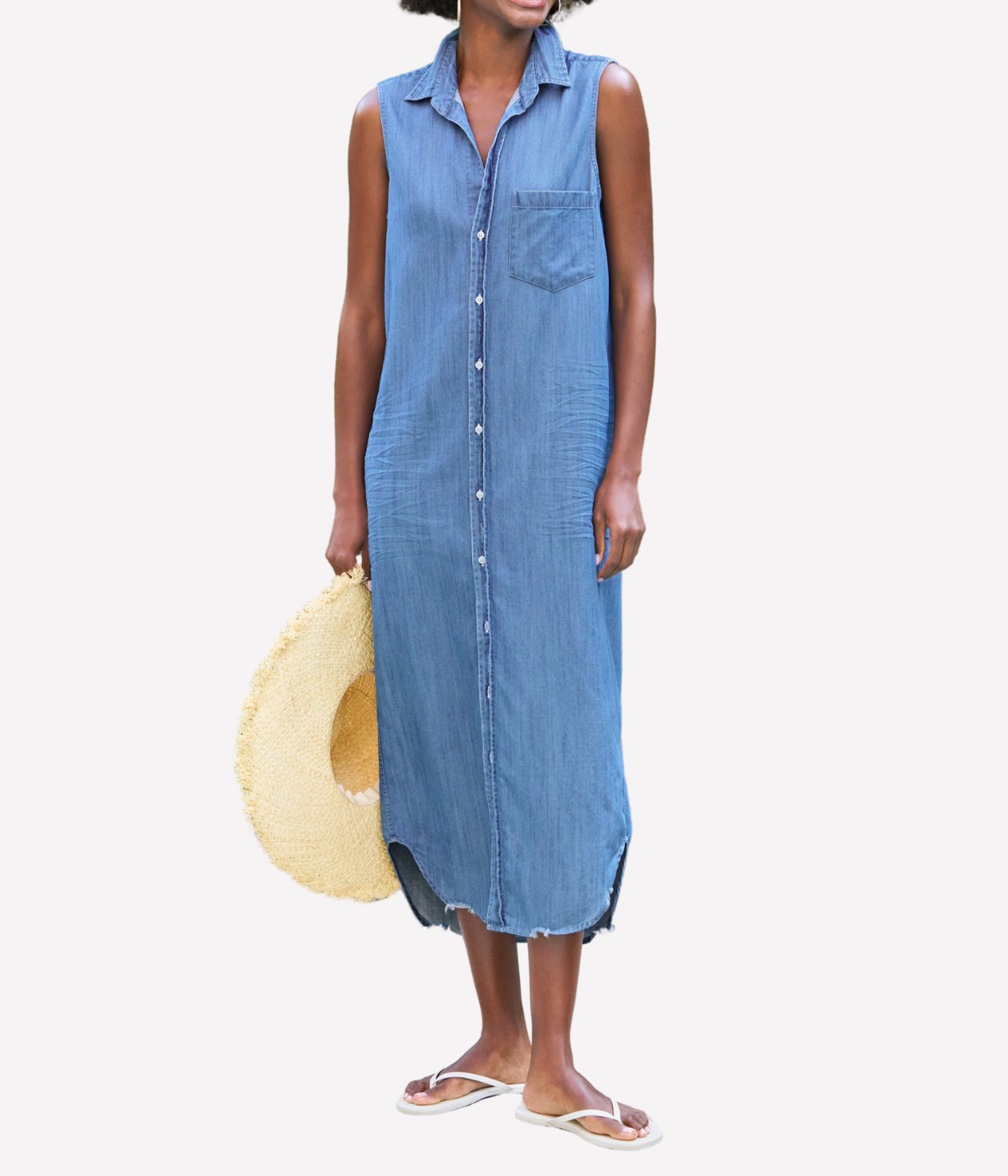 Rory Sleeveless Woven Button Up Dress in Vintage Stonewashed Indigo