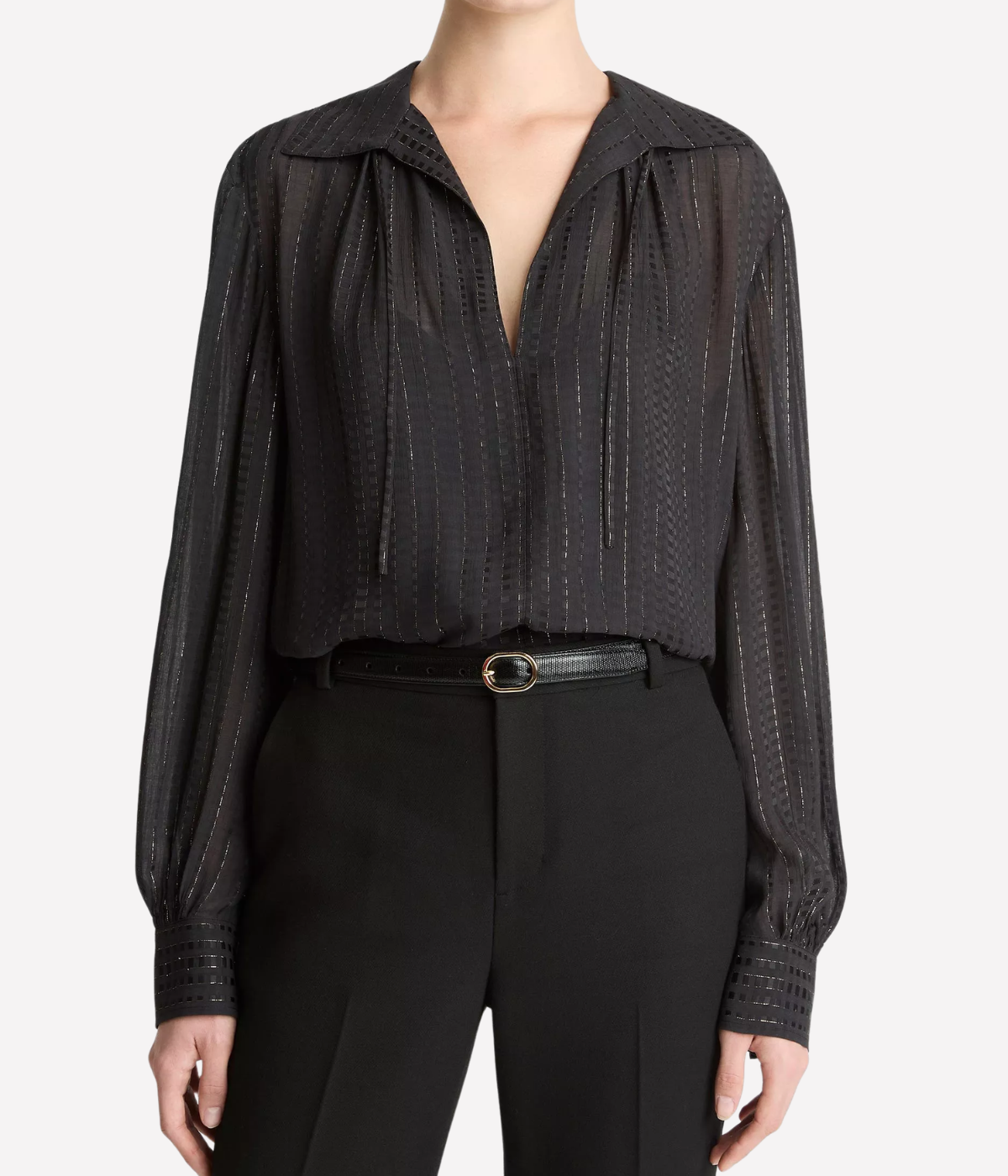 Gathered Lurex Stripe Blouse in BLACK