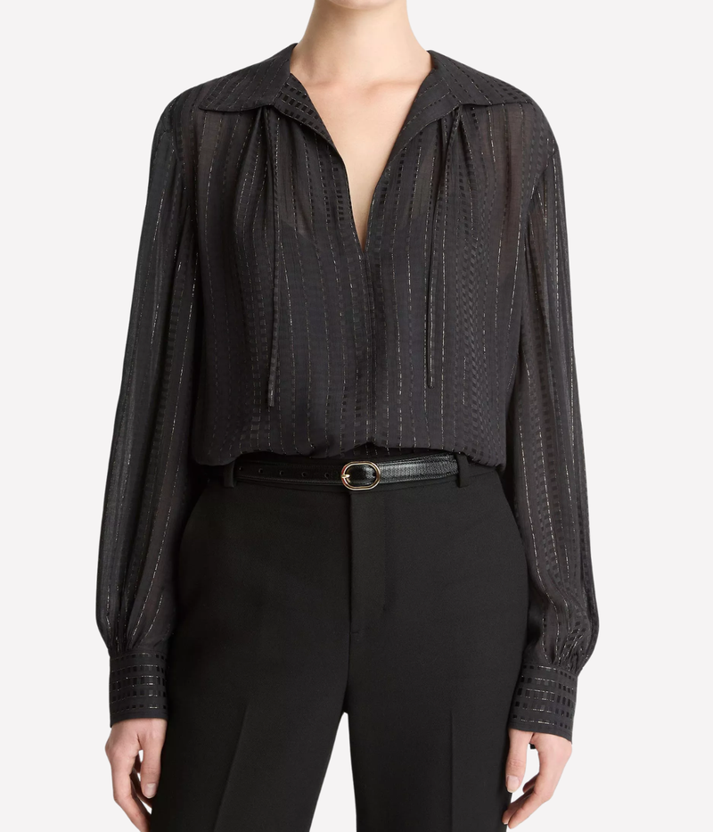 Gathered Lurex Stripe Blouse in BLACK