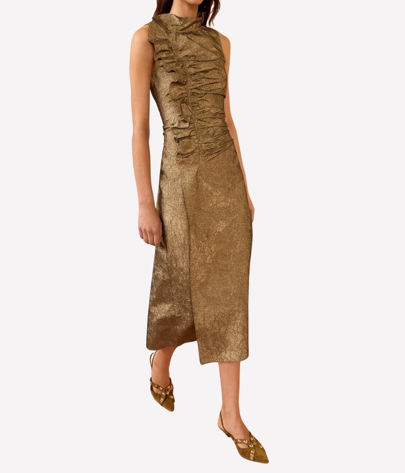 Ulla Johnson Demetria Sleeveless Taffeta Dress in Light Gold, front model view showing the sleeveless silhouette, asymmetric ruching and softly structured skirt.