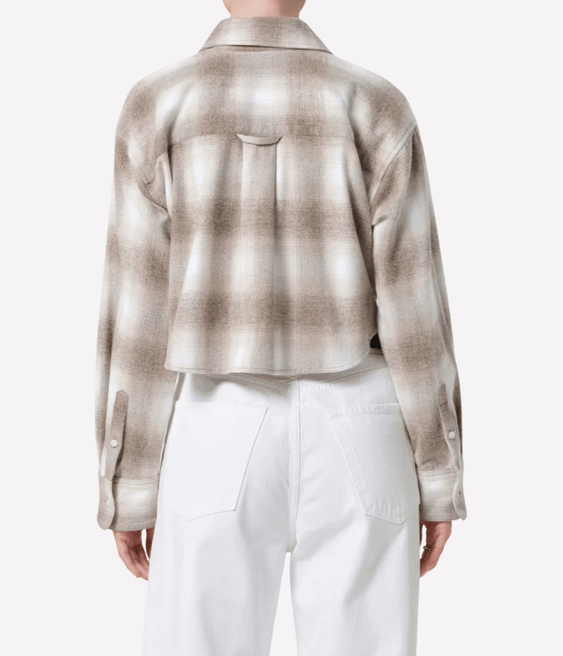 Citizens of Humanity Ana Cropped Shirt in Schiffer Plaid worn on model, upper body back view showing relaxed cropped fit