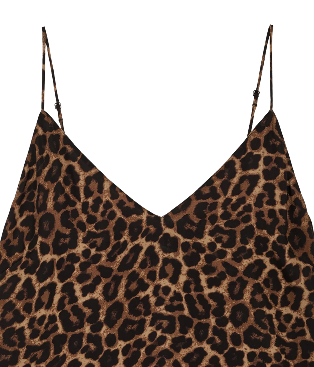 Close-up of a leopard print camisole top with thin adjustable spaghetti straps against a plain white background.