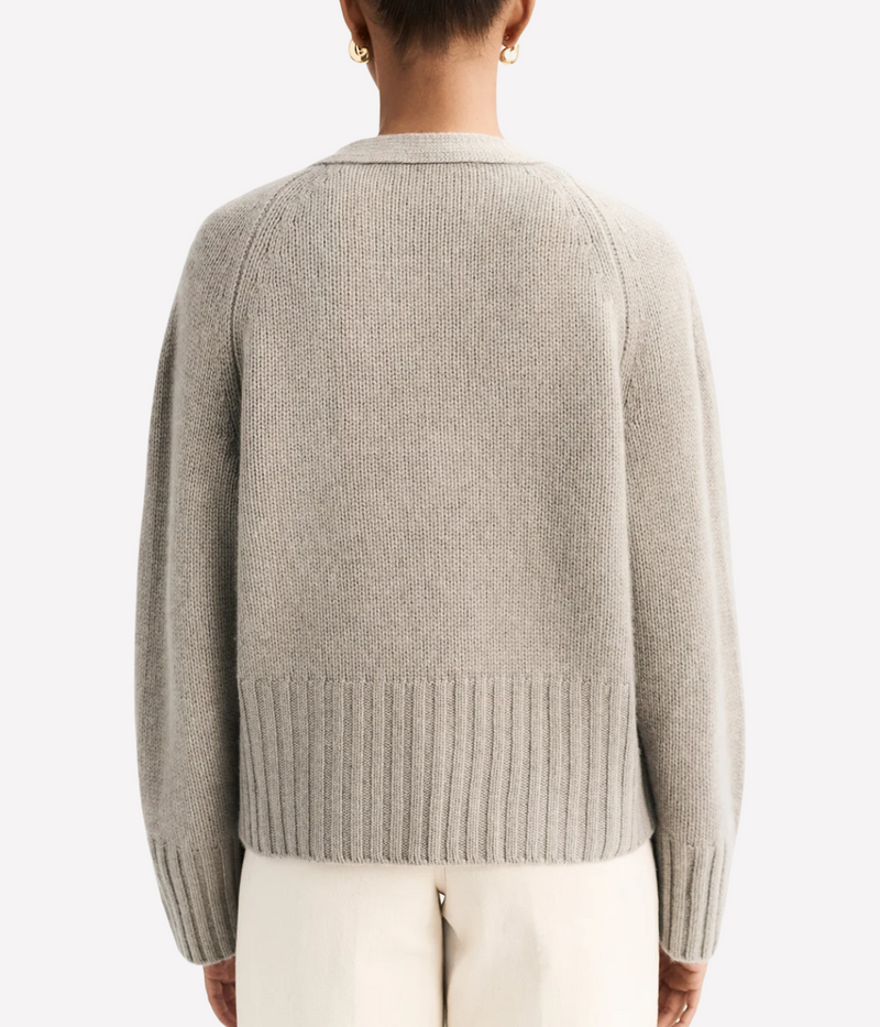 Soft Goat V-Neck Cardigan in Greige – Back View