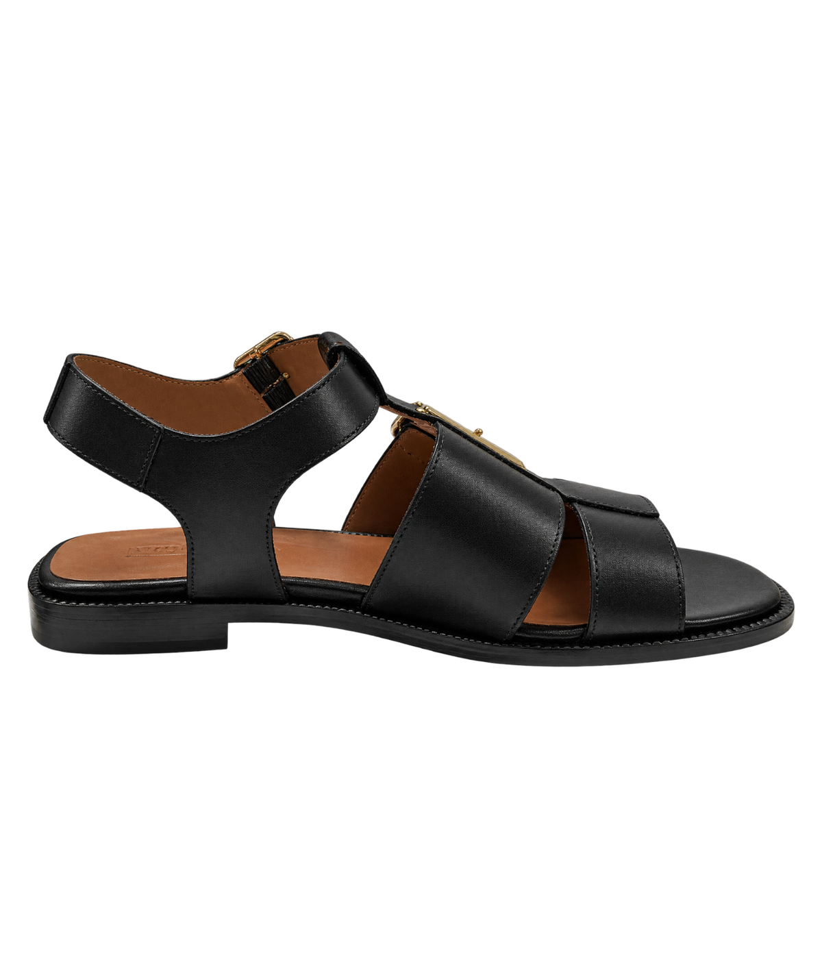 A black leather flat sandal with multiple straps and gold-tone buckle details, shown in a side profile - Anthology Paris Rosilda Sandal in Noir