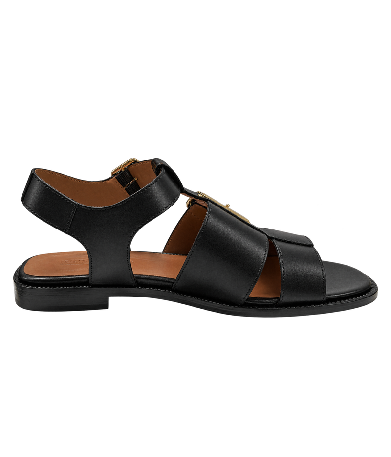 A black leather flat sandal with multiple straps and gold-tone buckle details, shown in a side profile - Anthology Paris Rosilda Sandal in Noir