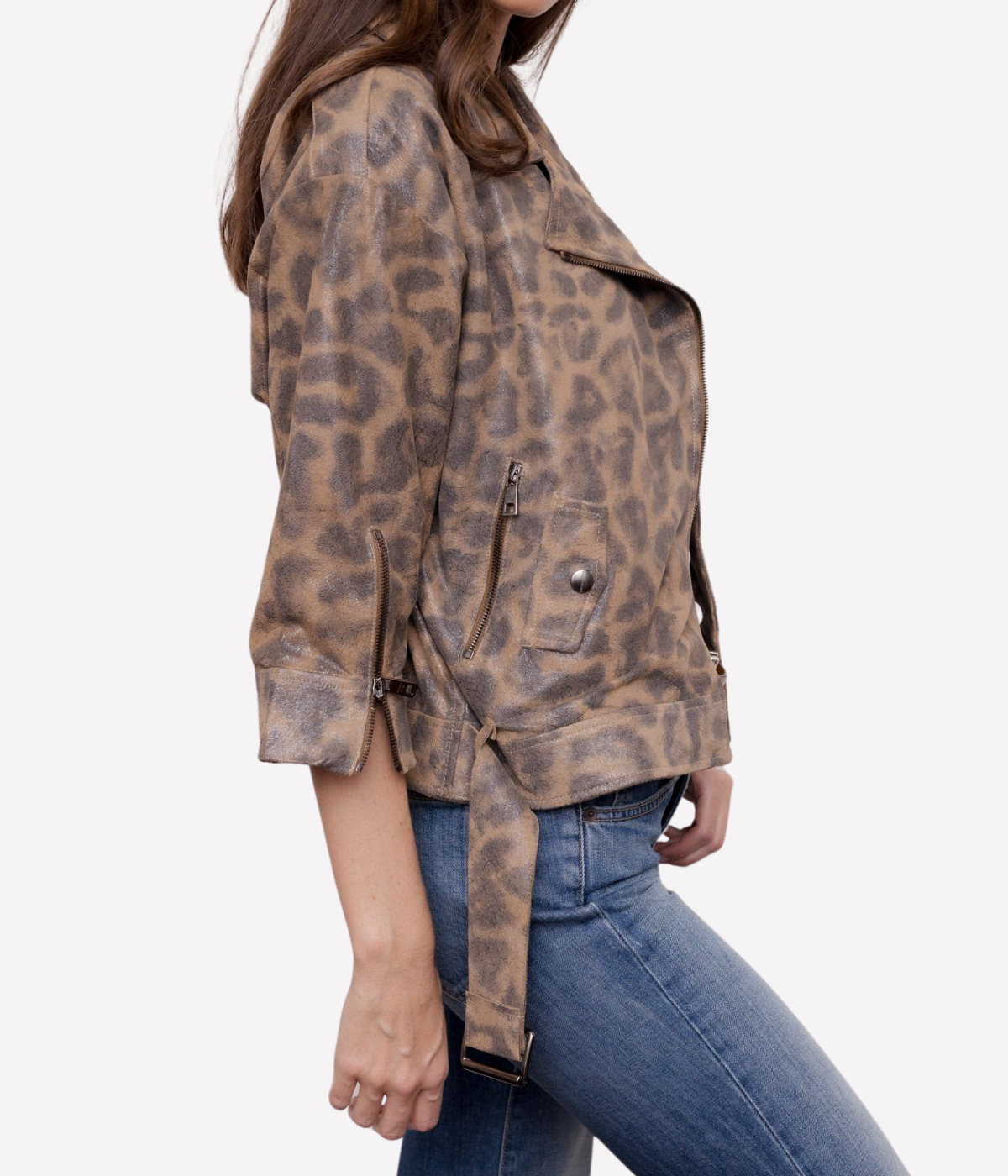 Giorgio Brato Womens Leather Jacket in LEOPARD, side view on model showing the cropped length and belted hem