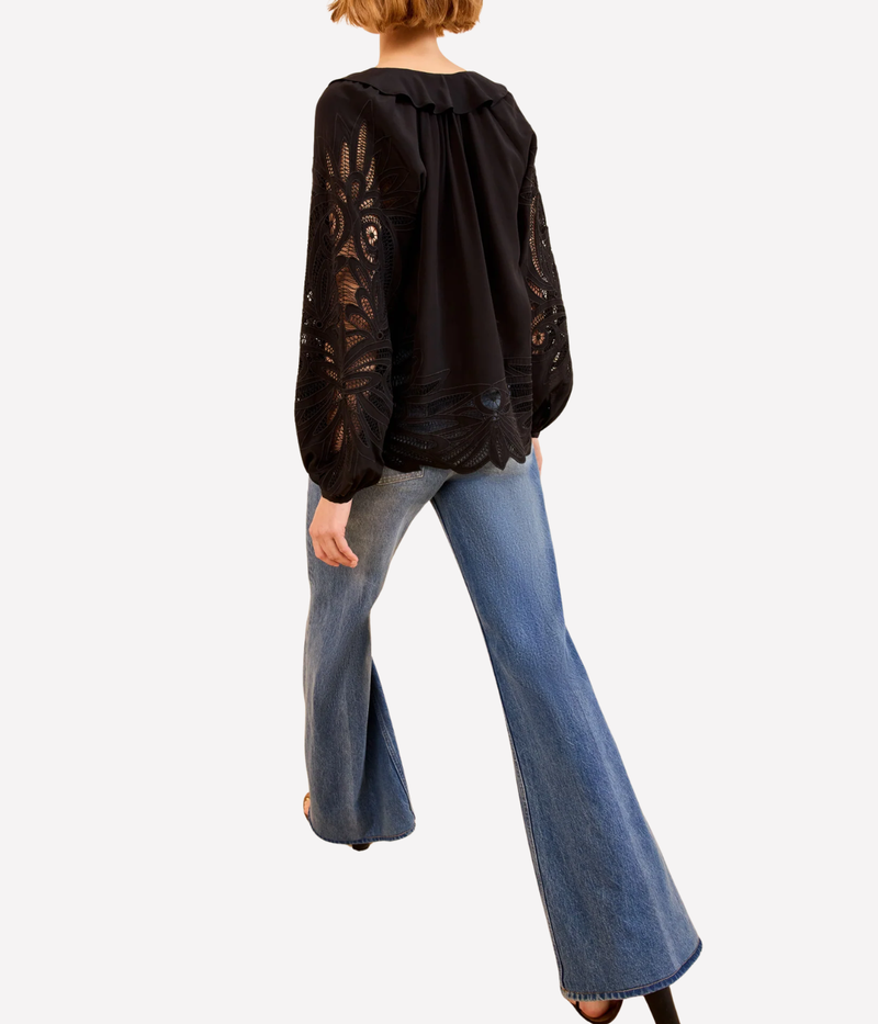 Adonis Long Sleeve Silk Applique Blouse In Noir