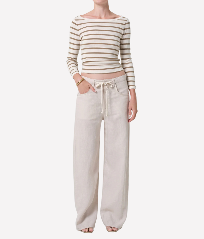Brynn Drawstring Linen Trouser In Pale Stone