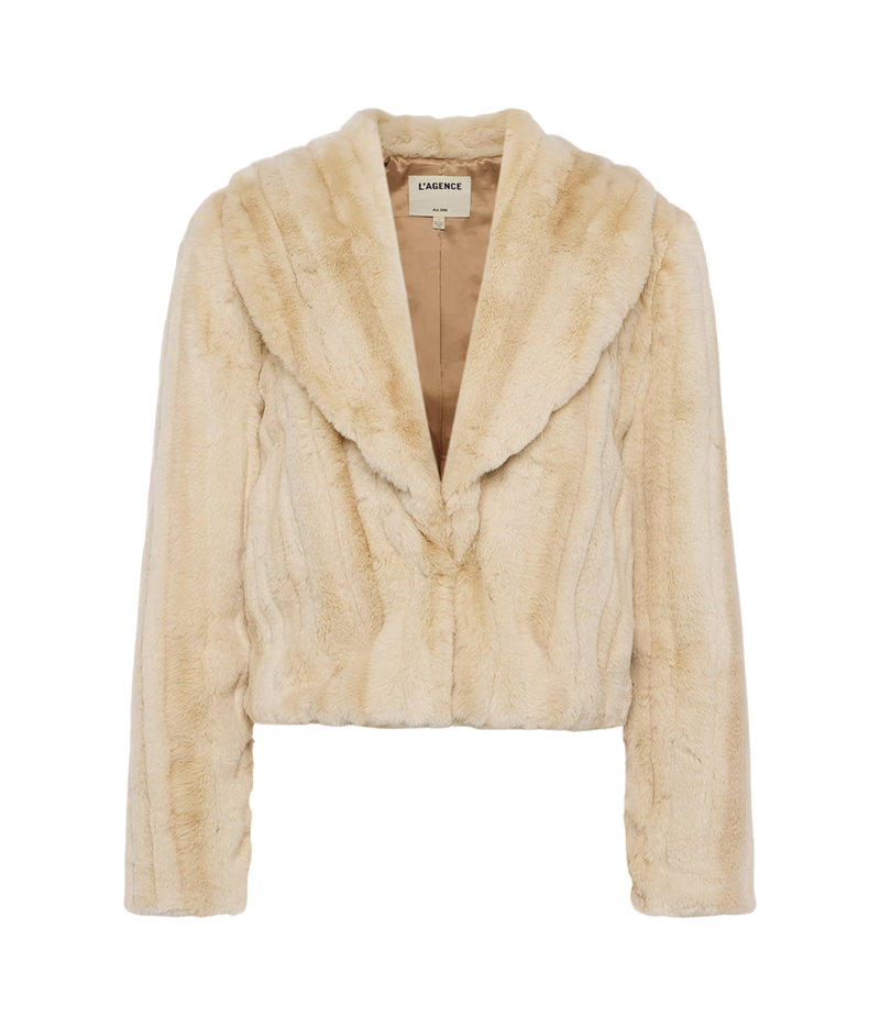 LAgence Davy Faux Fur Jacket In Latte Striped Fur - product flat lay image fur coat