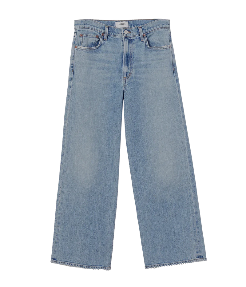ALT Text: Relaxed mid-rise Harper Jean in light indigo with a cropped wide leg, subtle fading, and finished hems for a chic, casual style.