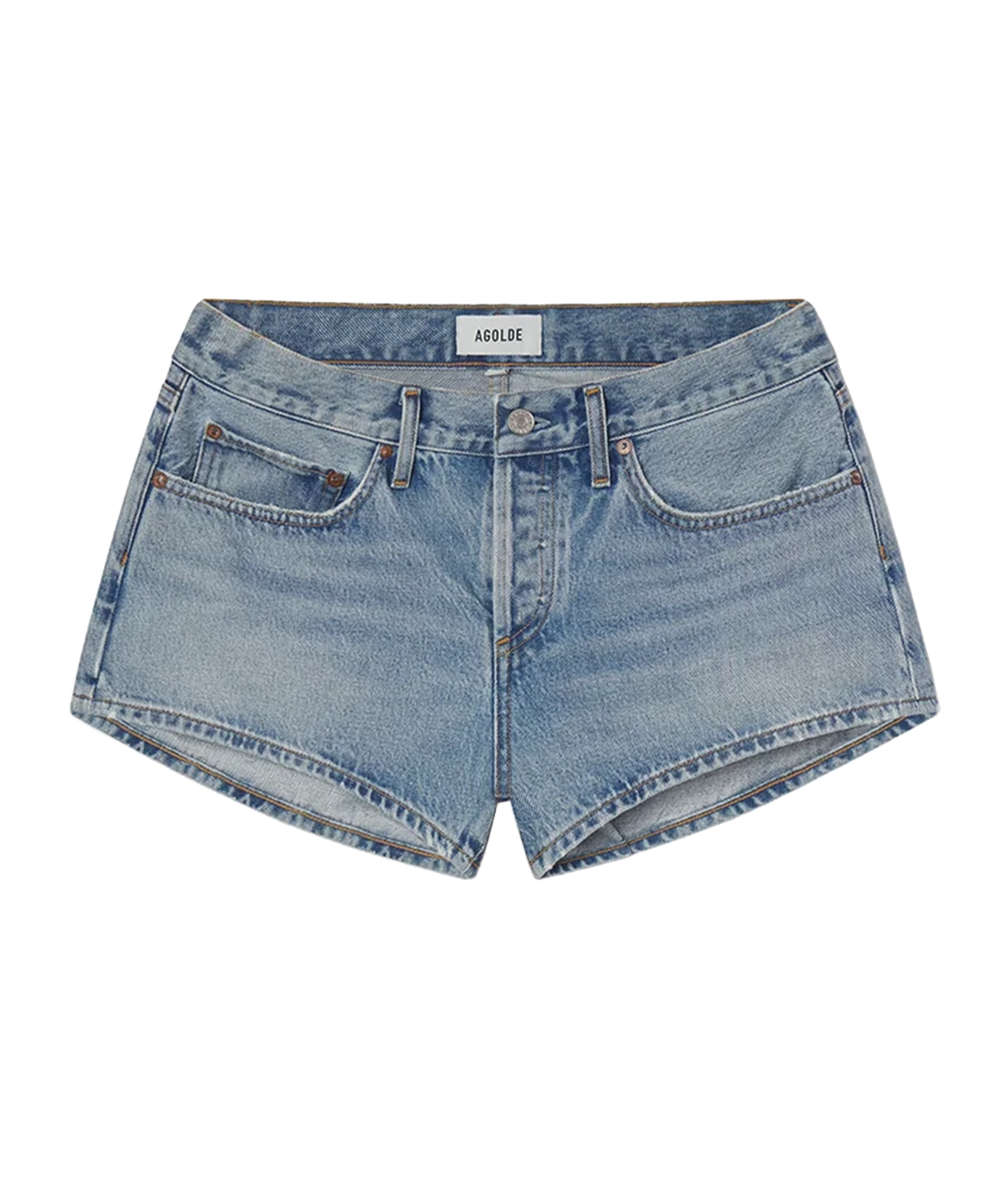 Light blue denim shorts with a high-waisted fit, featuring five-pocket styling and a visible Agolde label - Low Rise Parker Short in Replica