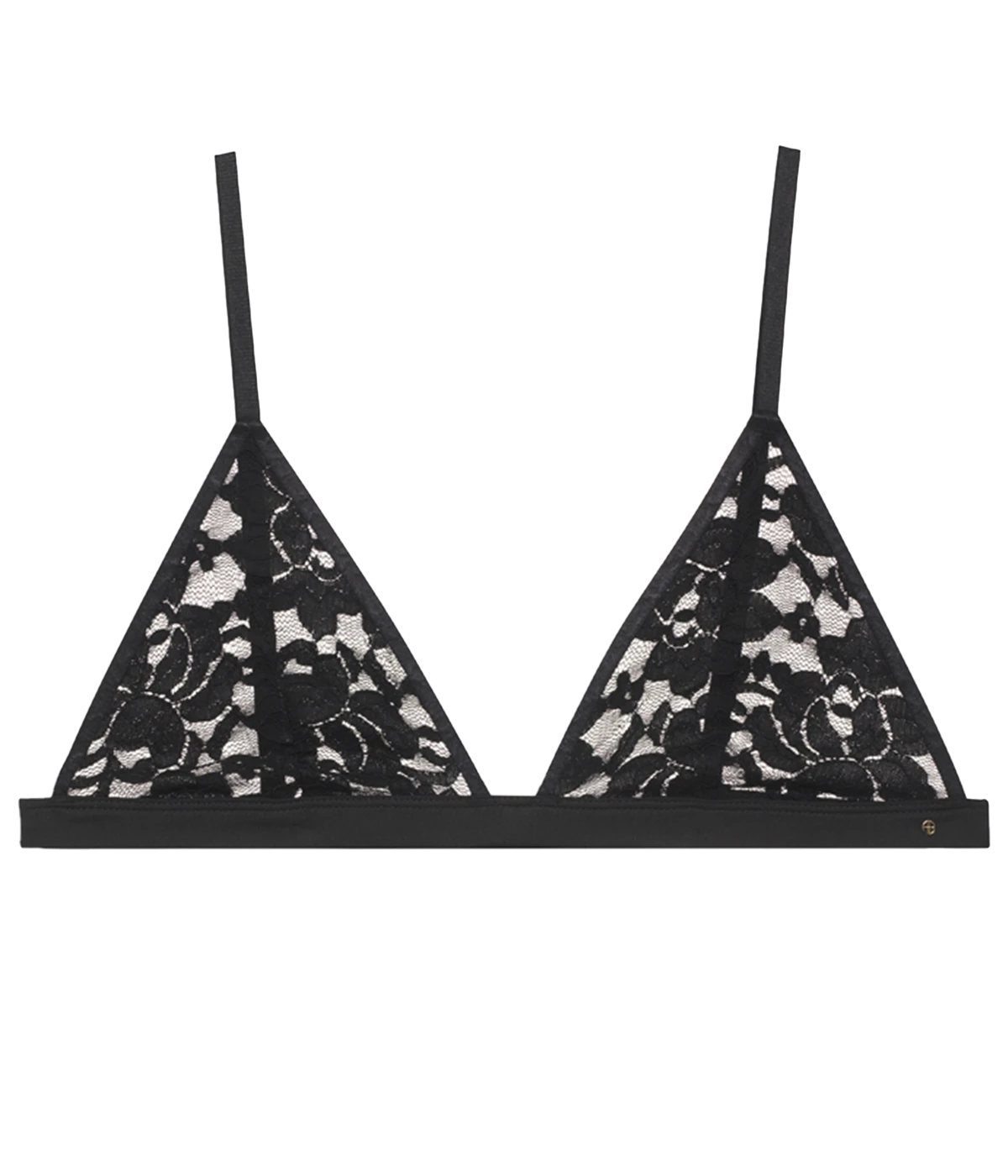 ALT text: Eldra Bralette in sheer floral stretch lace with adjustable straps and satin-encased underbust elastic.