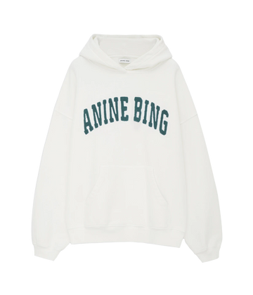 White long sleeve hoodie by Anine BIng with darn green chenille branded lettering across the chest.