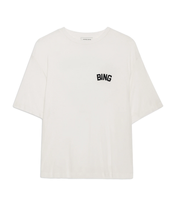 White boxy t-shirt by US designer Anine Bing with college print branding.