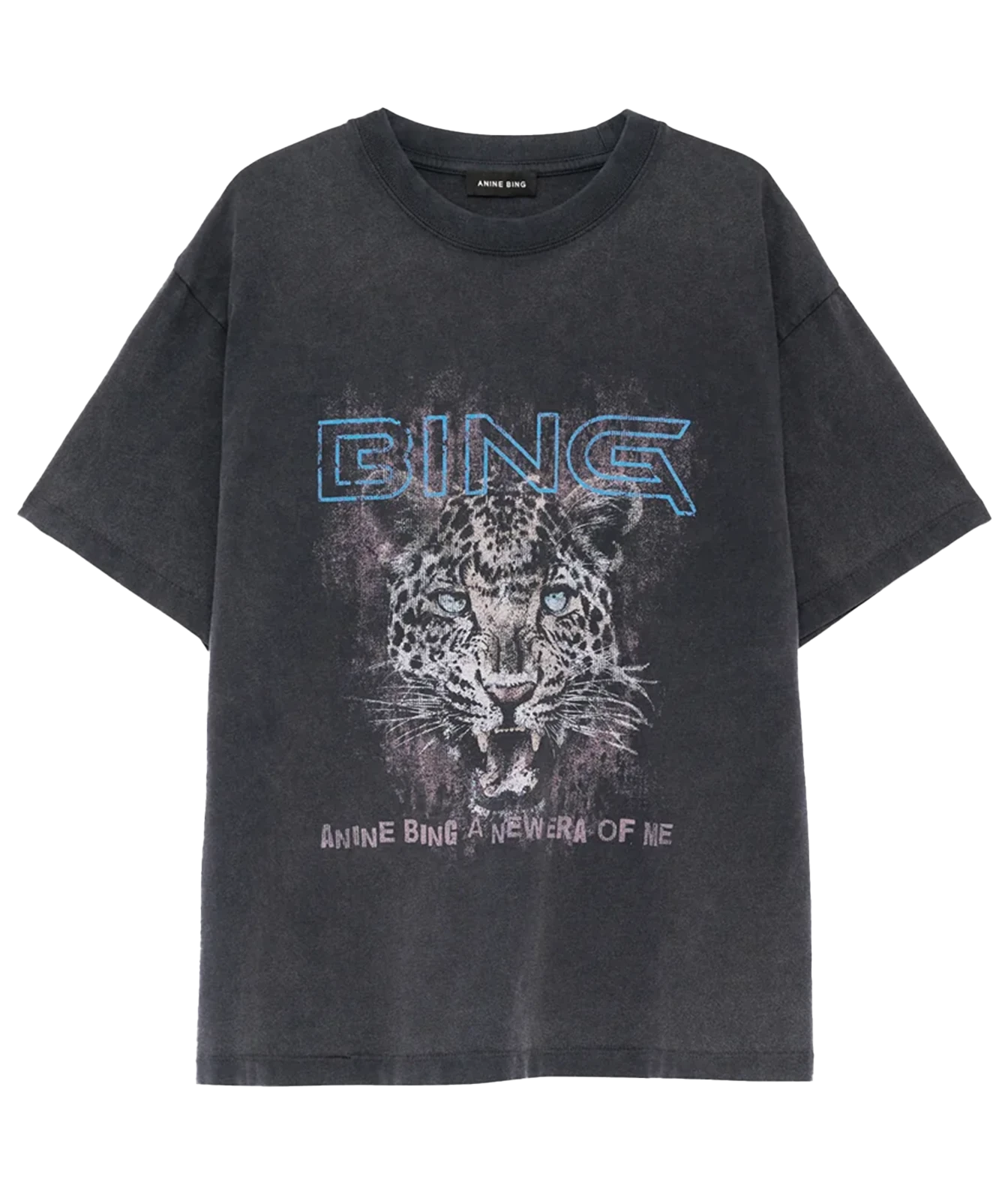 A washed black graphic t-shirt featuring a leopard print design with the text 'BING' in blue outline letters and 'ANINE BING A NEW ERA OF ME' printed below, shown on a plain white background.