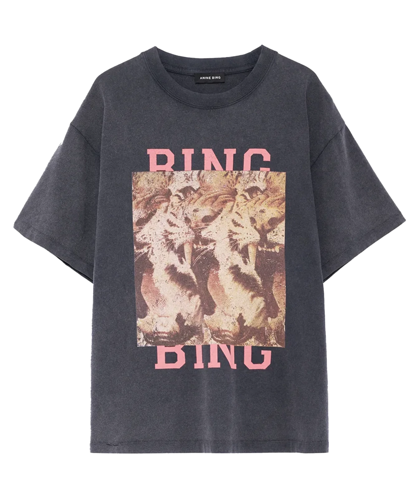 A dark gray washed graphic t-shirt featuring a square print of three lions in the center with the word 'RING' in pink above and below, displayed on a clean white background.