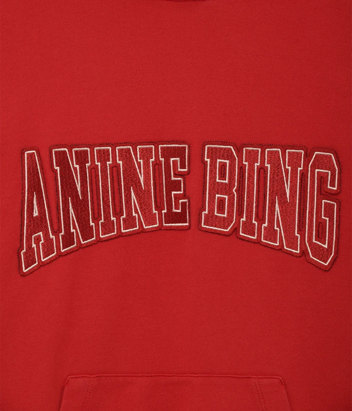 A close-up of a red sweatshirt featuring the text 'ANINE BING' arched across the chest in white varsity-style letters with a dark red outline.