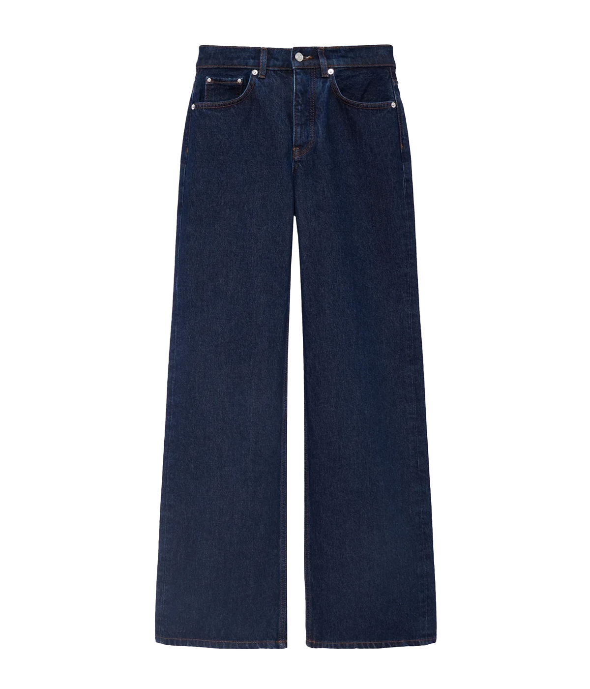 Anine Bing Hugh Jean in Unwashed Blue, front view in dark indigo denim with a high-rise waist and wide straight legs.
