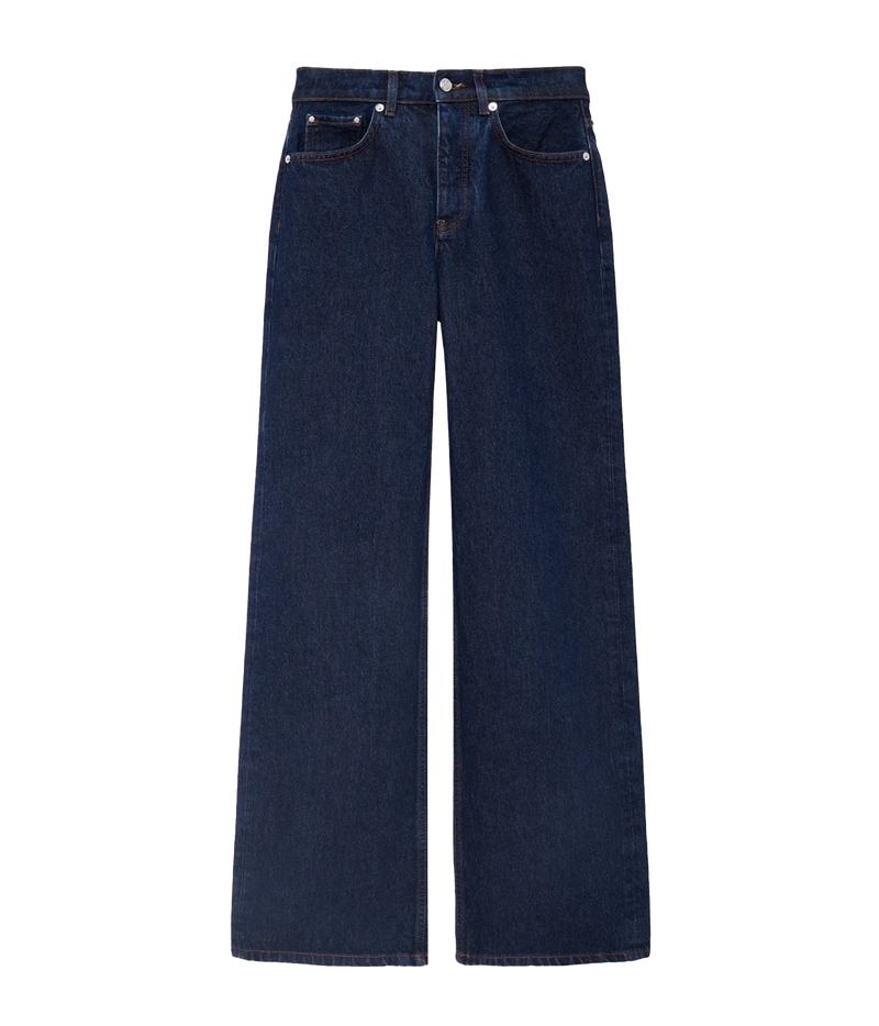 Anine Bing Hugh Jean in Unwashed Blue, front view in dark indigo denim with a high-rise waist and wide straight legs.